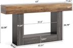 LITTLE TREE 63 Inches Long Console Table, 2-Tier Farmhouse Sofa Table Behind Couch, Large Narrow Entryway Table for Living Room, Wooden Hallway Foyer Table with Heavy Duty Base, Rustic Brown and Grey