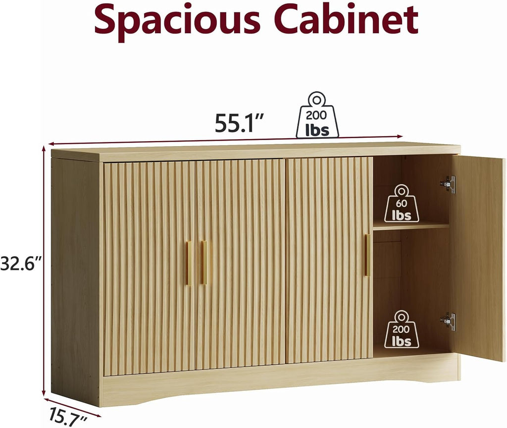 Memobarco 55" Modern Sideboard Buffet Cabinet with Storage, 4 Door Fluted Credenza Table Media Console Cabinet Entryway Cabinets with Adjustable Shelves for Living Room Kitchen, Wood