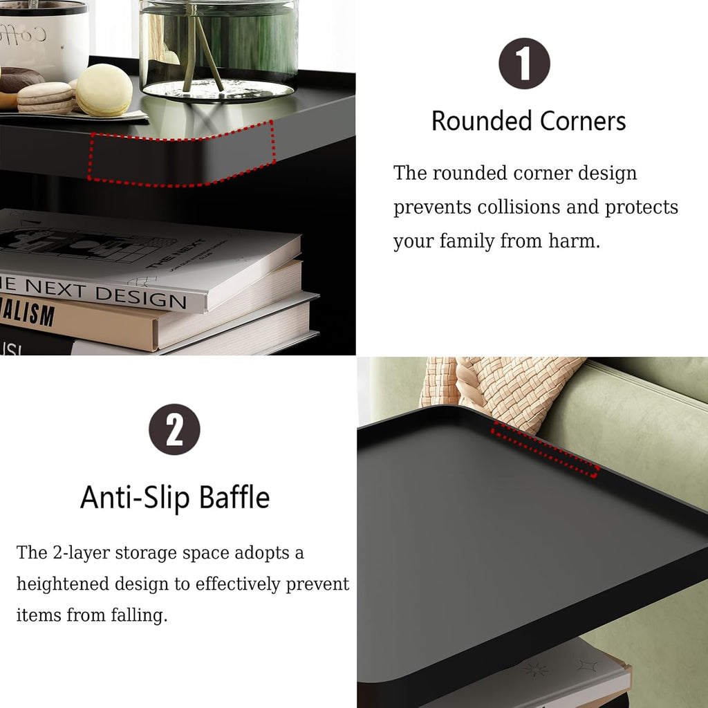Black Modern Side Table, 2 Tier Small End Tables Bedroom, Metal Side Tables Living Room with 4 Legs, Black Nightstand Square Accent Table for Indoor Outdoor, Easy Assembly