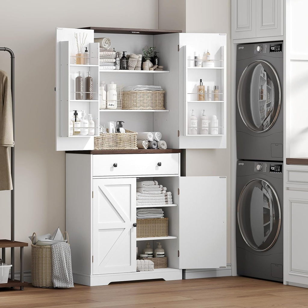 ONBRILL 71" Tall Farmhouse Kitchen Pantry Cabinet with 6 Door Shelves & Drawer, Wood Pantry Storage Cabinet with 2 Adjustable Shelves & 4 Barn Doors, Freestanding Cupboard for Kitchen, Dining Room