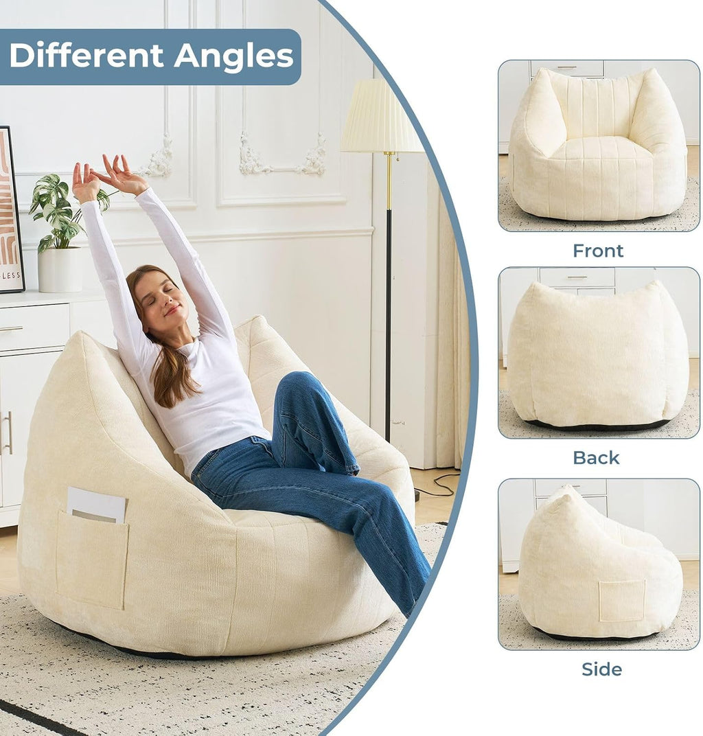 Giant Bean Bag Chair for Adults,Oversized Bean Bag with Filling Plush Fluffy,BeanBag Floor Sofa Chair with with Back Support for Living Room, Bedroom, Reading,Beige