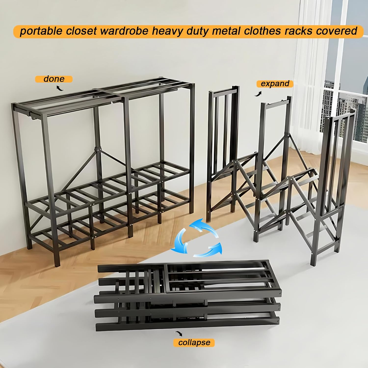 Foldable Portable Closet Wardrobe on Wheel Heavy Duty Metal Clothing Rack with Cover Freestanding Armoire Storage System Rolling Garment Racks for Hanging Clothes (C,Grey Cover, 66.1in/168cm)