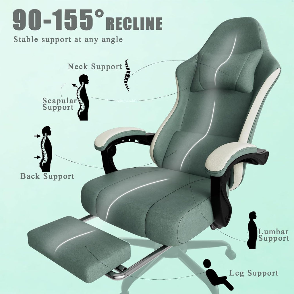 Gaming Chair, High Back Fabric Computer Chair with Pocketed Spring Cushion and Footrest, Height Adjustable Game Chair with Headrest and Lumbar Support (Beige & Blue)