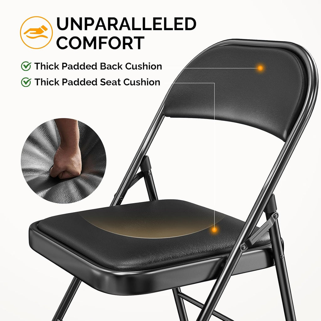 Bonnlo Folding Chair with Comfortable Padded Cushion and Back, Portable Folding Chairs for Outside, Office Events, Weddings, Pu Leather, 4 Black