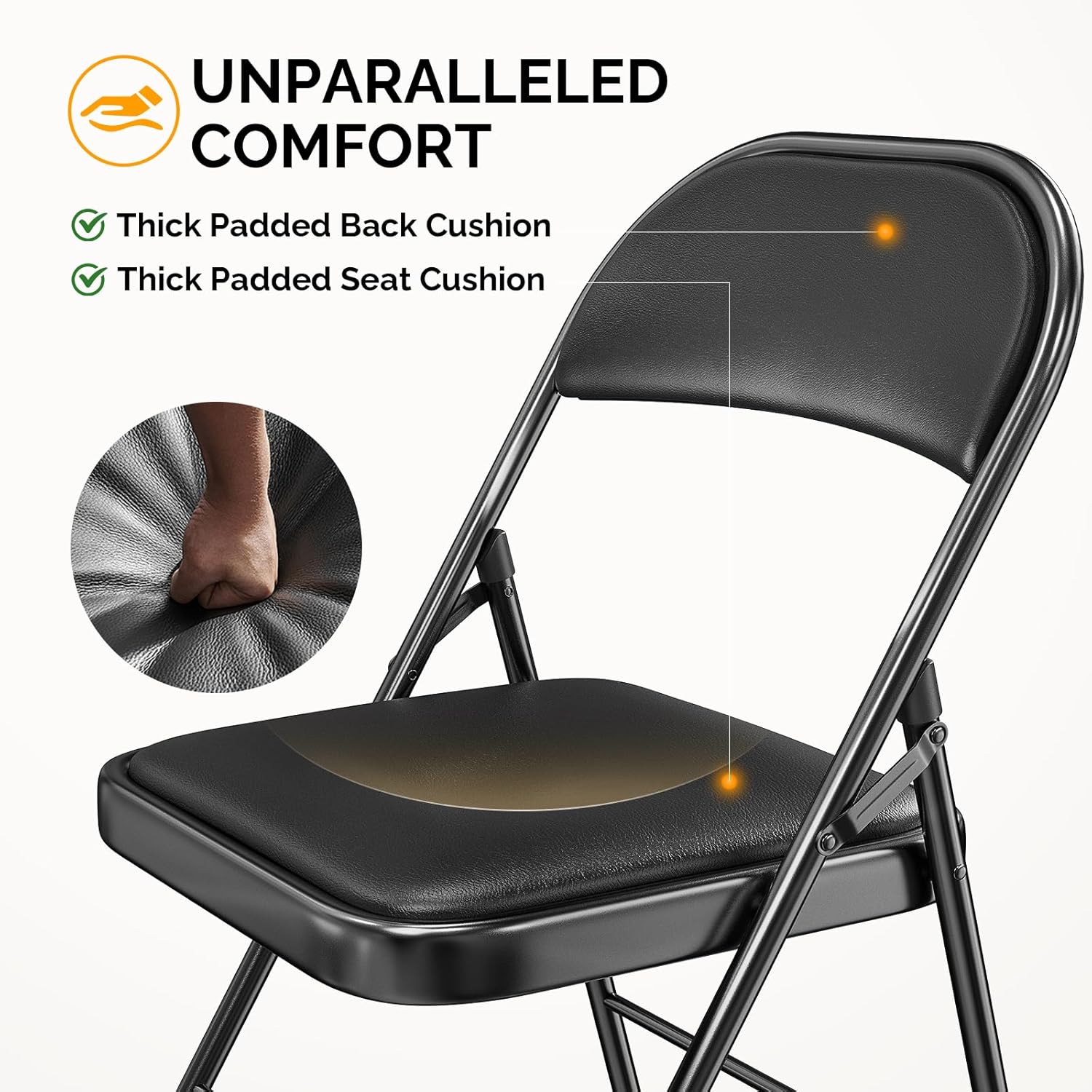 Bonnlo Folding Chair with Comfortable Padded Cushion and Back, Portable Folding Chairs for Outside, Office Events, Weddings, Pu Leather, 4 Black
