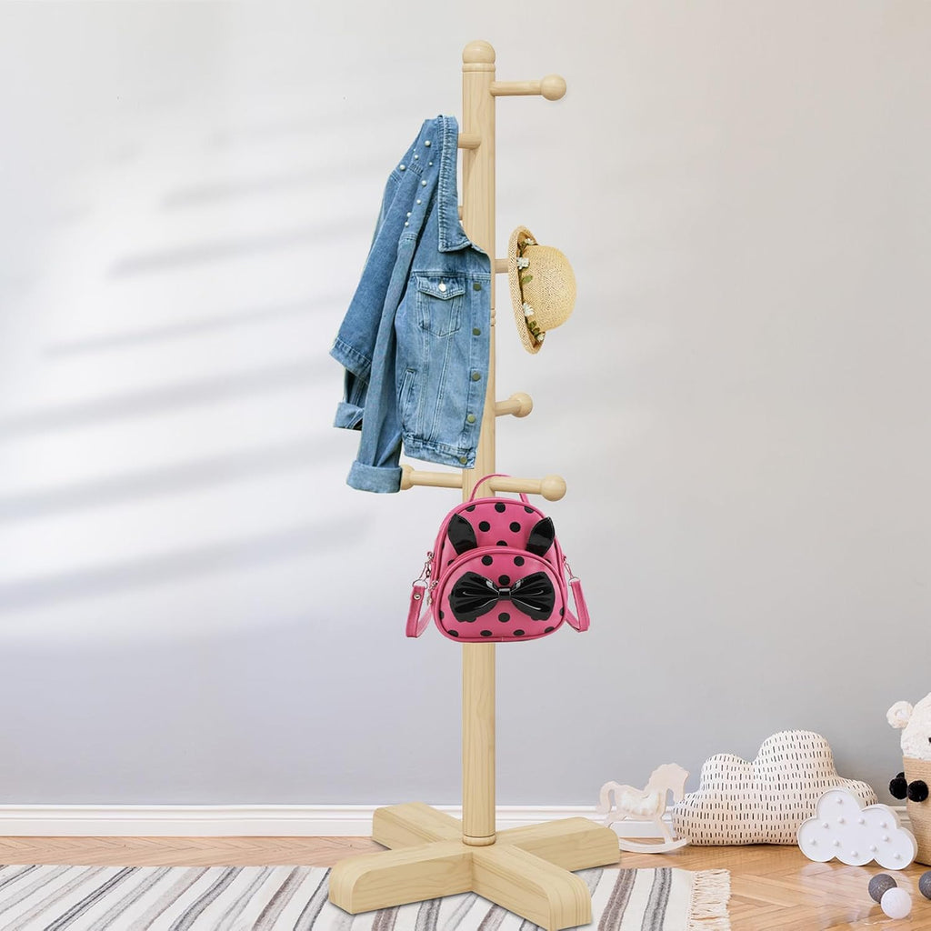 8-Hook Freestanding Wooden Coat Rack 2 Adjustable Heights Nature | Suitable for Bedroom Hallway Entrance Office,Holds Hats Handbags Purses Neatly,Space-Efficient Vertical Stand