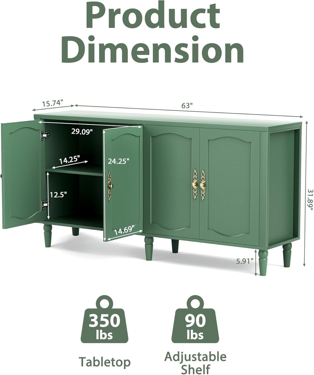 fineway 63" Sideboard Buffet Cabinet, Mid Century Modern Credenza Storage Cabinet with Carved Handle & Adjustable Shelves, Buffet Table Kitchen Coffee Bar for Living Room Dining Room - Green
