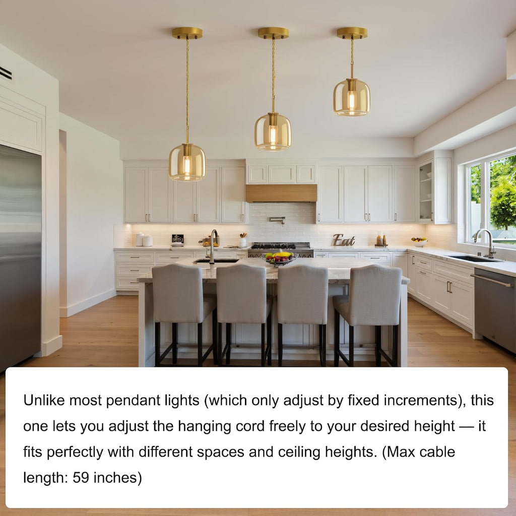 Pendant Lights Kitchen Island 2 Pack,Gold Pendant Lights with Glass Shade,Vintage Hanging Light Fixture Adjustable Cord for Kitchen,Dining Room,Hallway,Living Room,Foyer, Entryway