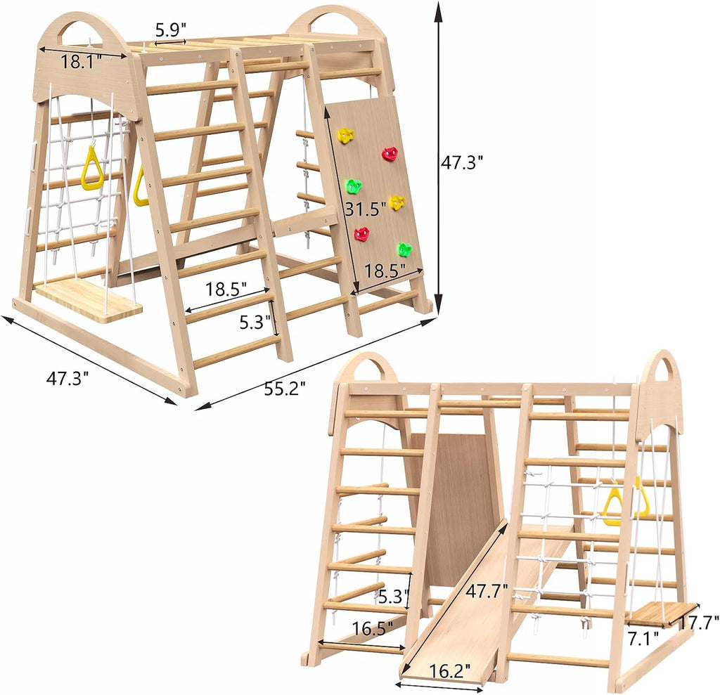 Indoor Playground 7 in 1 Jungle Gym Playset for 2 6yrs Slide, Climbing Wall, Rope Wall Climber, Monkey Bars, Swing Waldorf and Montessori Style Wooden Climb Set.