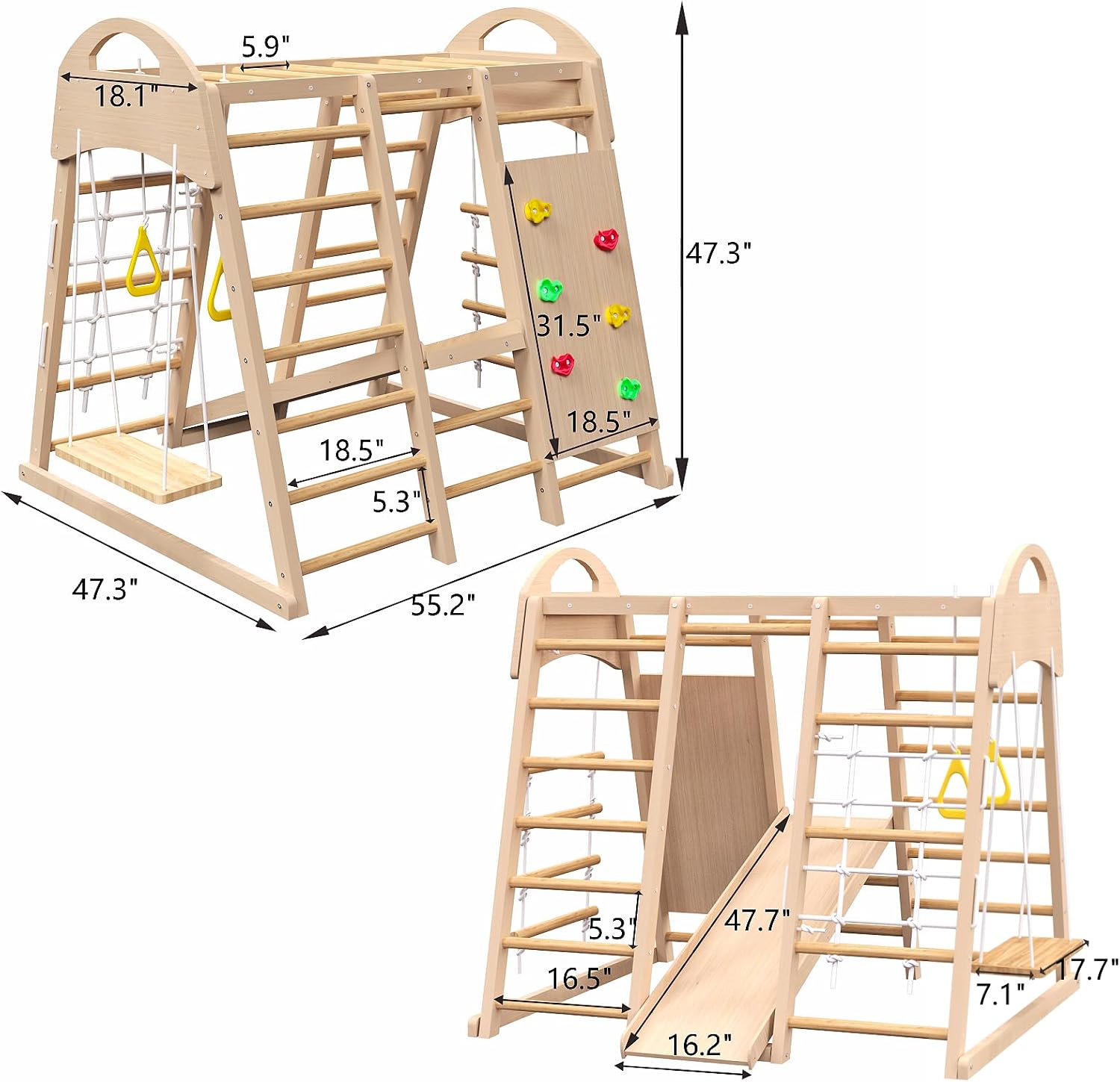 Indoor Playground 7 in 1 Jungle Gym Playset for 2 6yrs Slide, Climbing Wall, Rope Wall Climber, Monkey Bars, Swing Waldorf and Montessori Style Wooden Climb Set.