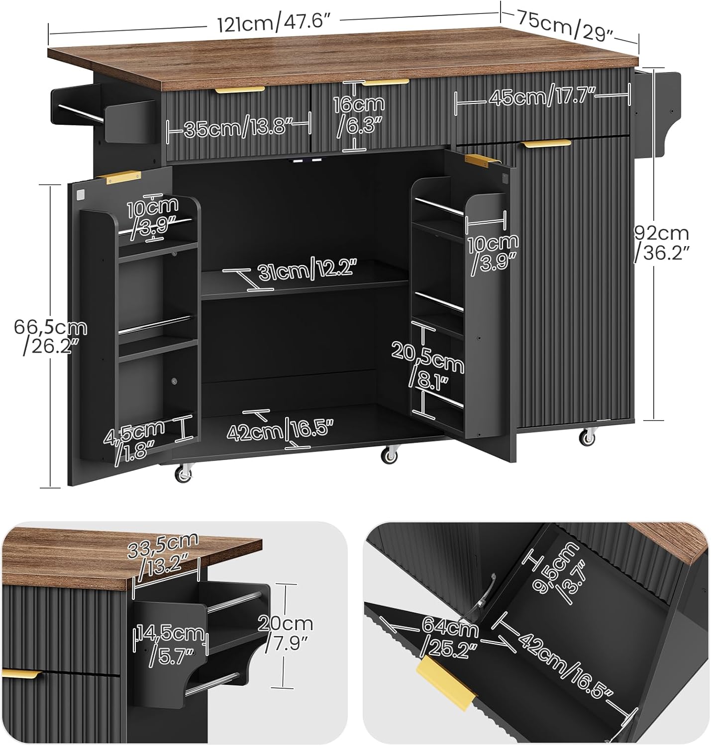 CHOEZON Mobile Kitchen Island with Folding Drop Leaf Countertop, Rolling Kitchen Island Cart with Trash Can Storage, Drawers, Adjustable Shelf, Spice Rack, Towel Bar, for Kitchen, Black and Walnut
