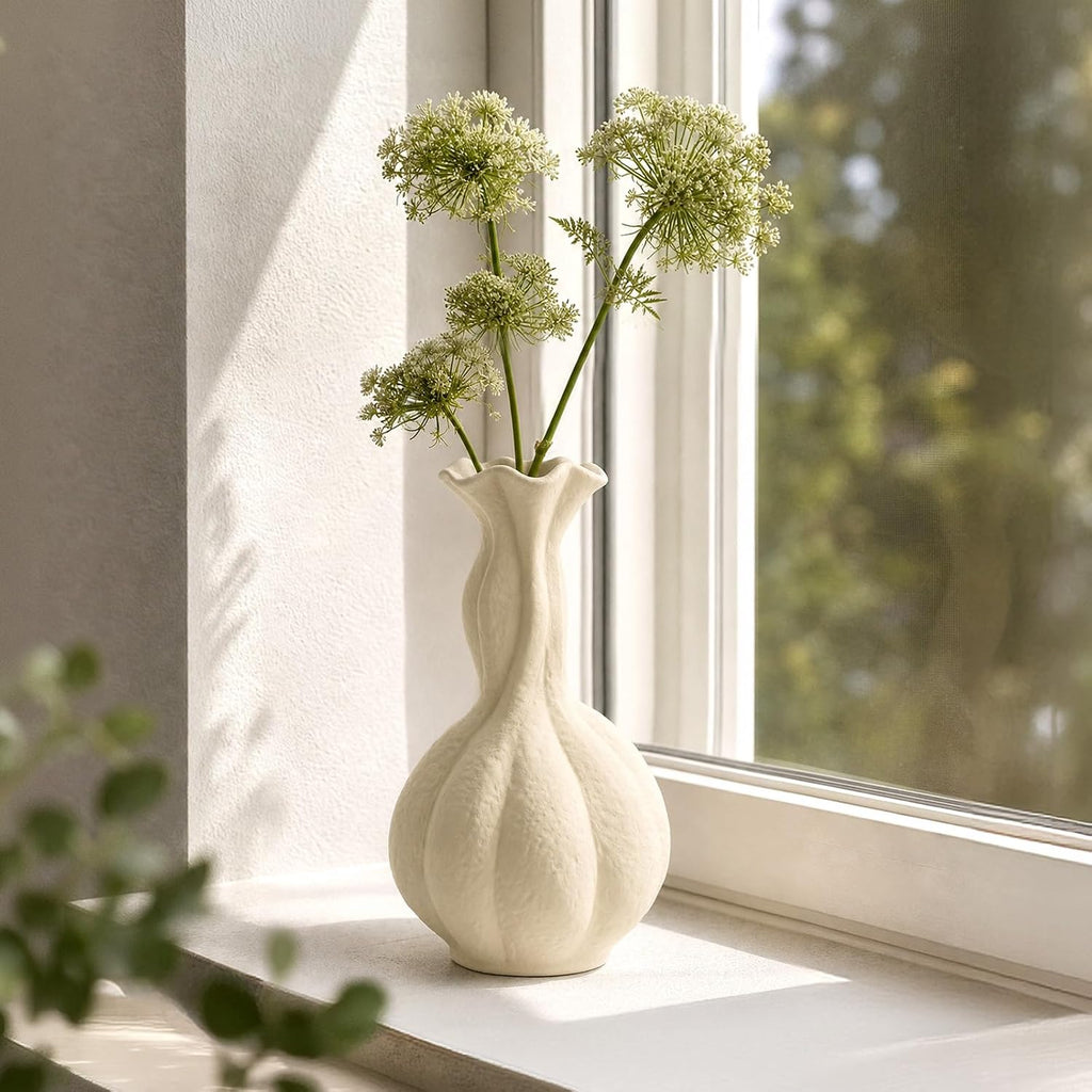 DOWAN Ceramic Flower Vase, 10" Decorative Pampas Vase for Home Decor, Modern Farmhouse Pottery Vase for Living Room Table Kitchen Bedroom Coffee Desk Entryway Mantel Book Shelf, Soft White