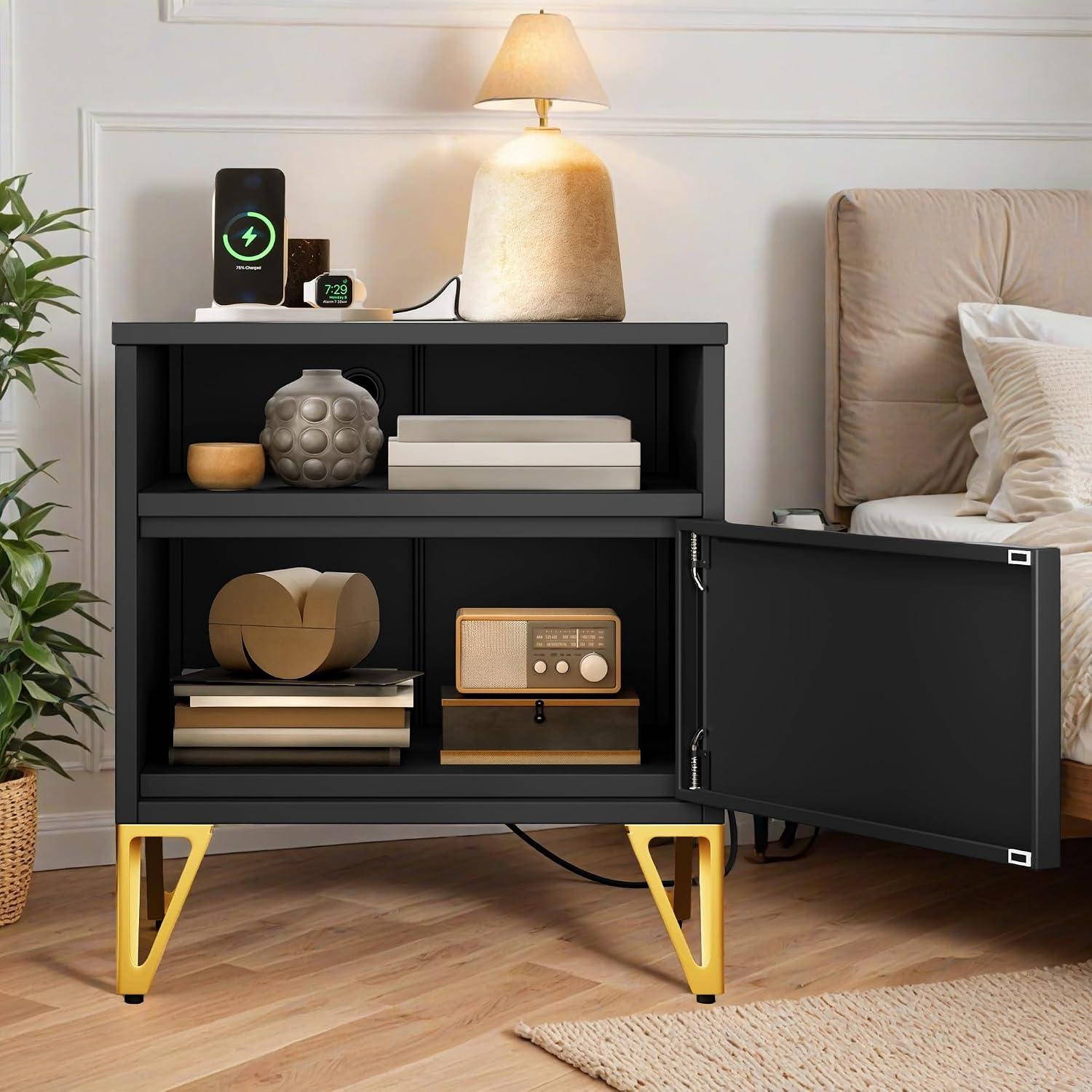 DWVO Nightstand with Charging Station, Metal Night Stand Set 2, Small Bedside End Tables, Modern Side Tables, Night Stand, Set of 2, Black