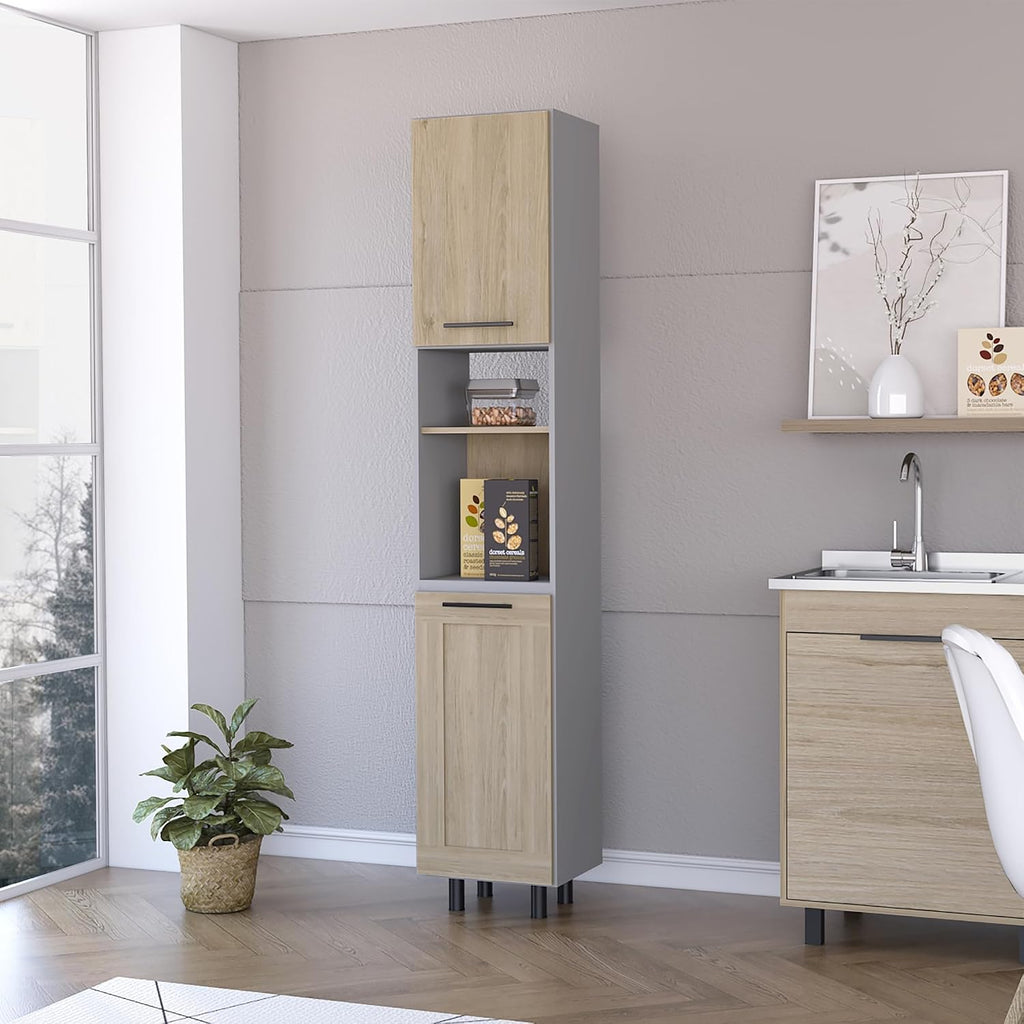Devoux 2-Door 2-Shelf Kitchen Pantry Light Pine and Gray