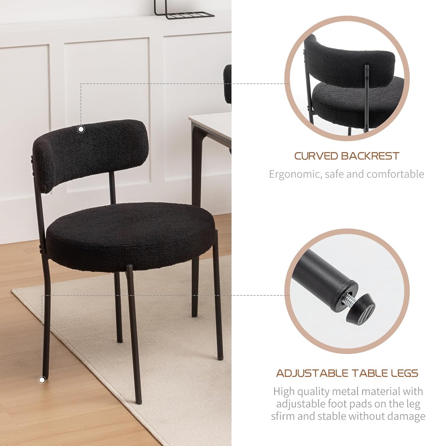 Boucle Dining Chairs Set of 6, Mid Century Modern Dining Room Chairs with Metal Legs, Upholstered Kitchen Chairs for Dining Room, Kitchen (Black)