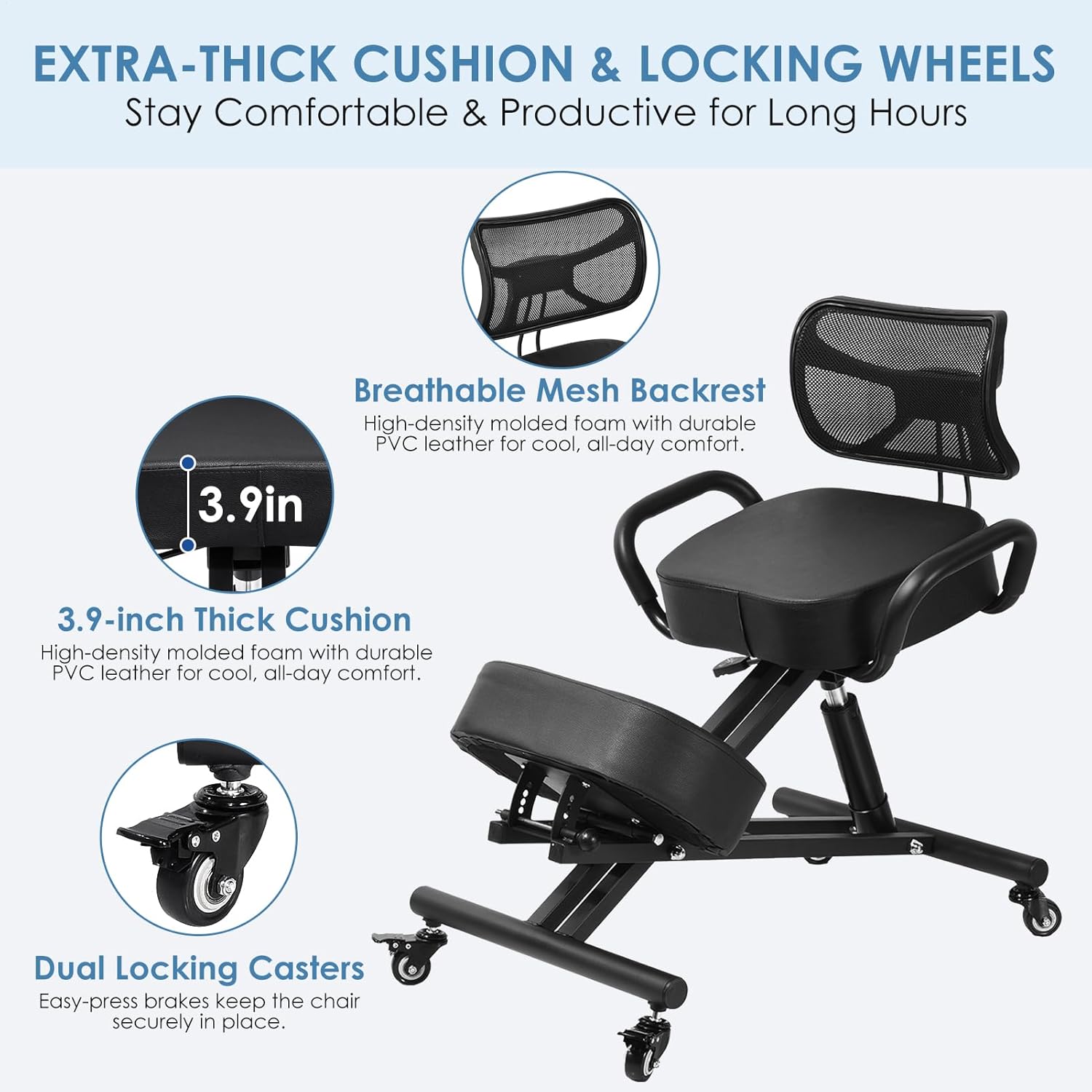 Ergonomic Kneeling Chair with Backrest & Lumbar Support, Adjustable Height Desk Chair with Wheels & Thick Cushion, Ideal for Office & Work from Home, Support Upright Sitting & Relieve Back Pain