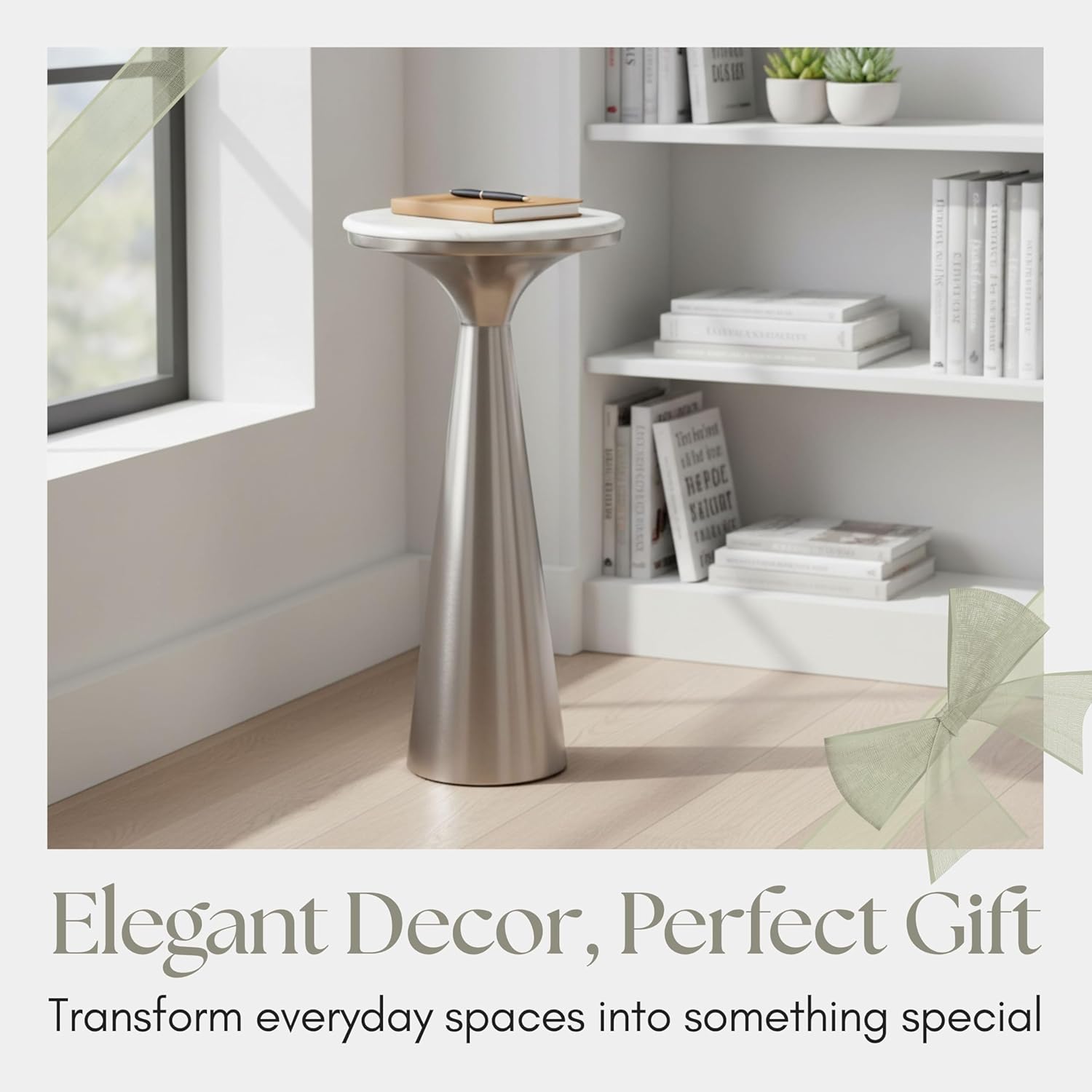 Metal Accent Table with Marble Top - Modern Round Side Table for Living Room and Bedroom - Tapered Base - Indoor Use Only - Marble and Metal Home Decor - Living Room Accent – 22", Silver