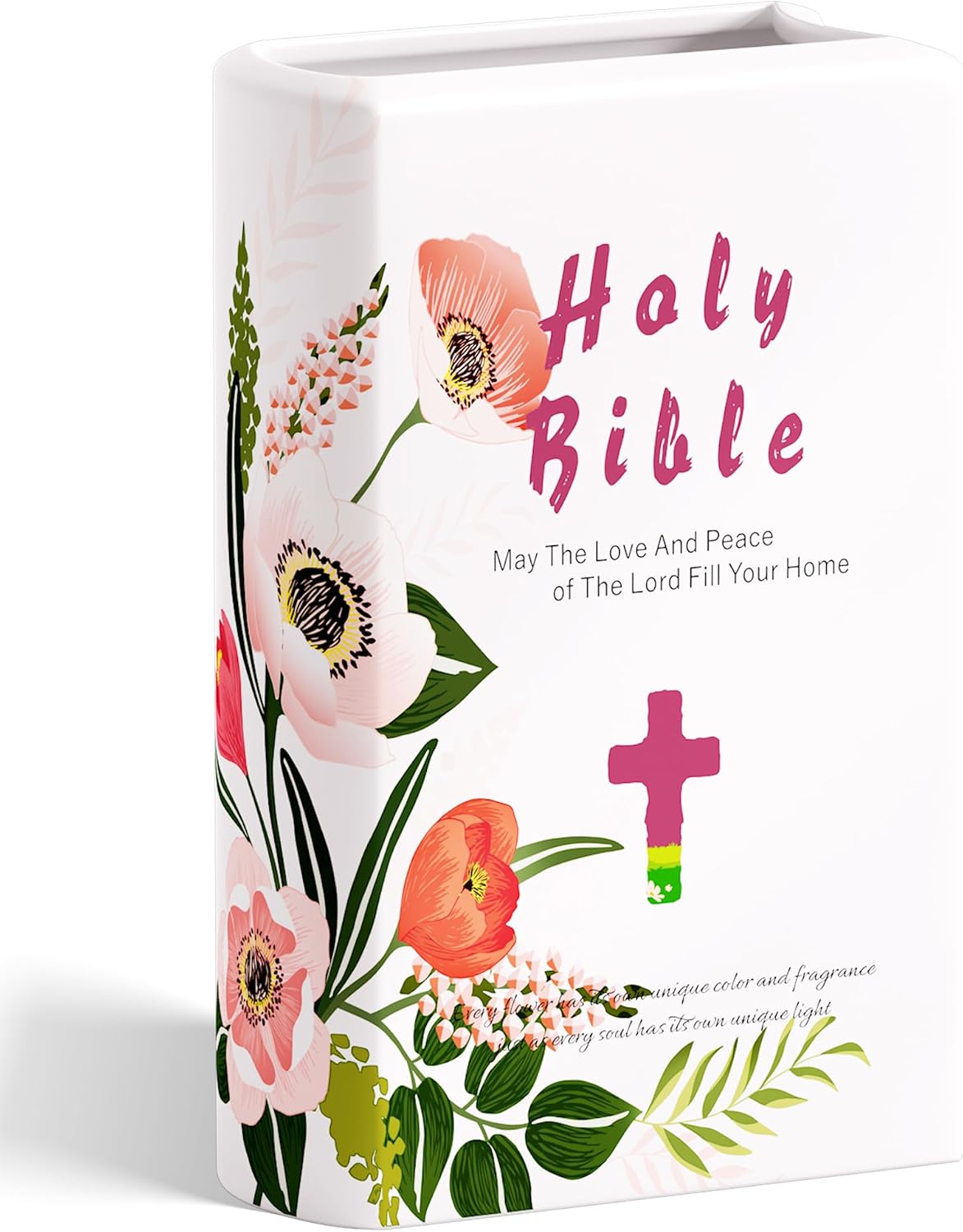 Holy Bible Book Vase, Cute Unique Ceramic Flower Vase - Pink Home Office Desk Accessories Decor, Prayer Room Bookshelf Decorations - Book Lovers Gifts, Religious or Christian Gifts for Women Mom
