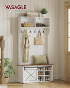 VASAGLE Hall Tree with Bench and Shoe Storage, Coat Rack with Shoe Bench, Entryway Furniture, 6 Tri-Hooks, Sliding Door, Farmhouse Style, Space Saving, Rustic White and Honey Brown UHSR442W01V1
