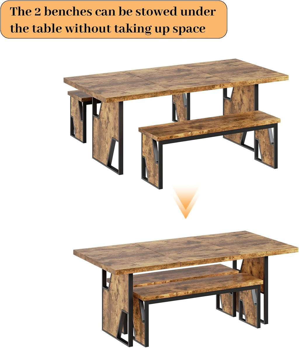 HIPIHOM 70.8" Wooden Dining Table with 2 Benches, Modern Kitchen Table and Chairs Set for 4-6 Person, Thickened MDF Wooden Table with Dining Bench for Living Dining Room, Kitchen, Office