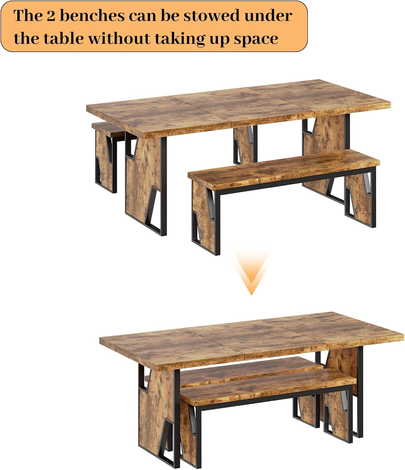 HIPIHOM 70.8" Wooden Dining Table with 2 Benches, Modern Kitchen Table and Chairs Set for 4-6 Person, Thickened MDF Wooden Table with Dining Bench for Living Dining Room, Kitchen, Office