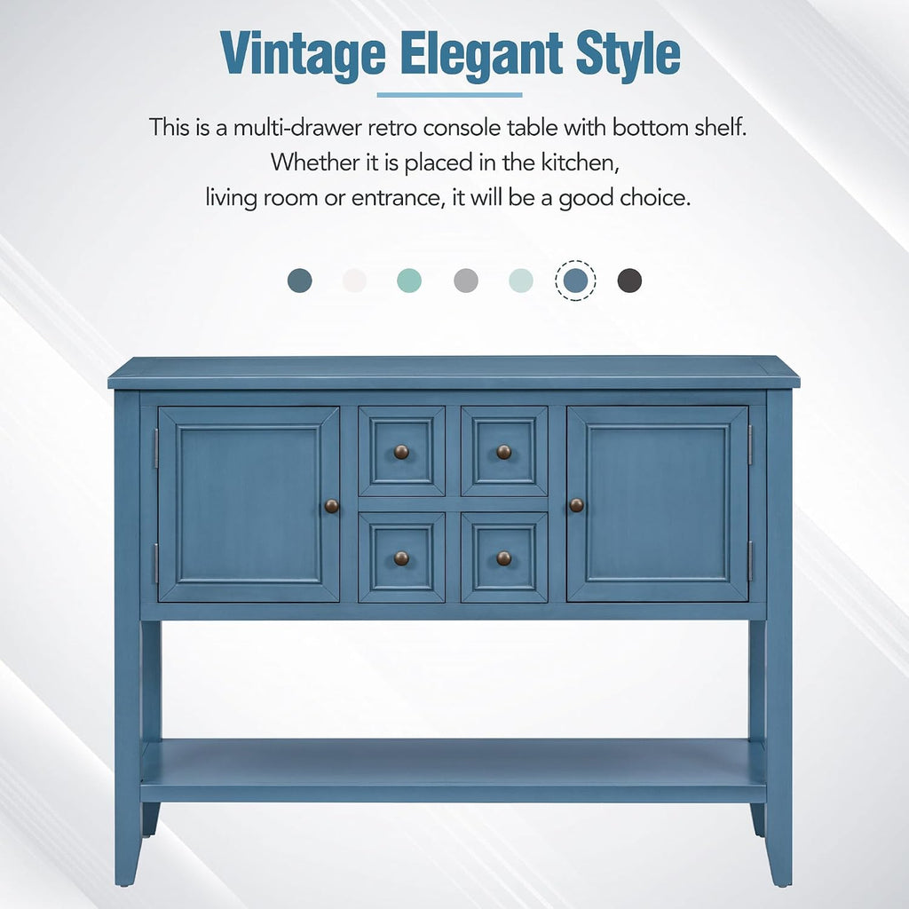 P PURLOVE Console Table Buffet Sideboard Sofa Table with Drawers Cabinets and Bottom Shelf (Light Navy)