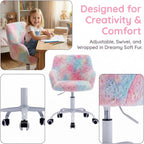 DUOMAY Kids Desk Chair, Faux Fur Colorful Upholstered Computer Chair for Boys and Girls, Cute Study Swivel Height Adjustable Arm Chair for Child, Rainbow Color