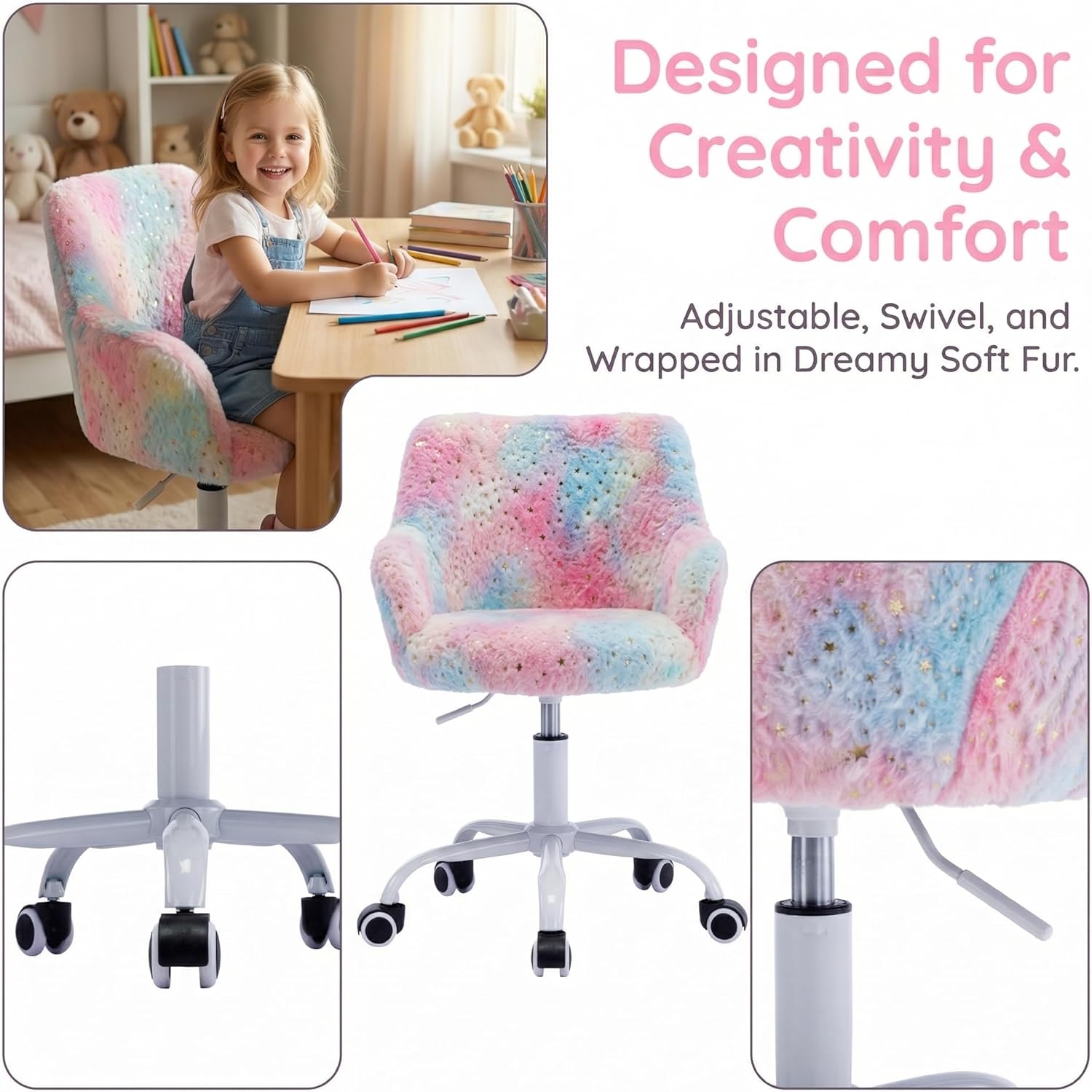DUOMAY Kids Desk Chair, Faux Fur Colorful Upholstered Computer Chair for Boys and Girls, Cute Study Swivel Height Adjustable Arm Chair for Child, Rainbow Color