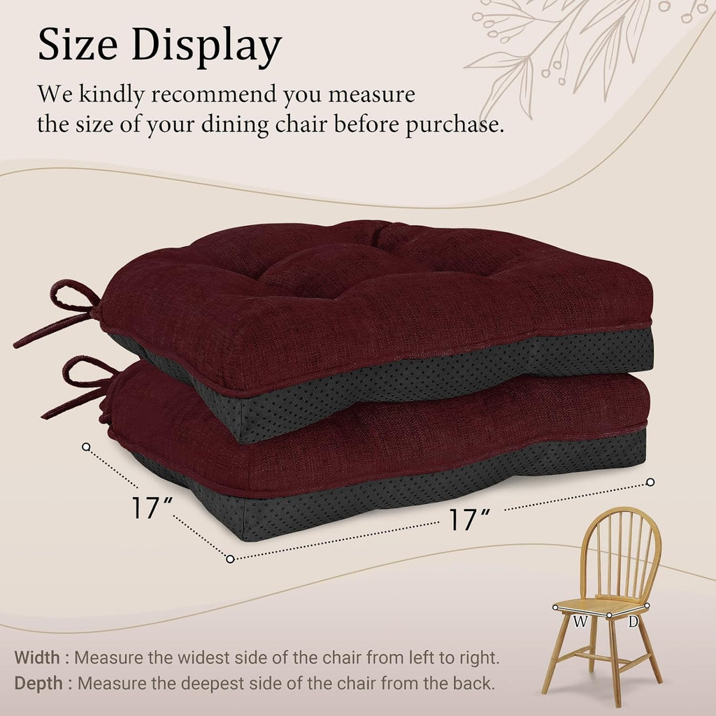 Cozyide Chair Cushions for Dining Chairs, 17" x 17" Non-Slip Kitchen Chair Pads with Adjustable Ties, Indoor Chair Cushions for Dining Room, Burgundy (Pack of 4)