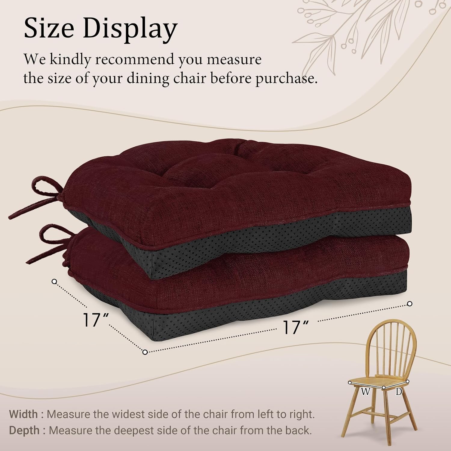 Cozyide Chair Cushions for Dining Chairs, 17" x 17" Non-Slip Kitchen Chair Pads with Adjustable Ties, Indoor Chair Cushions for Dining Room, Burgundy (Pack of 4)