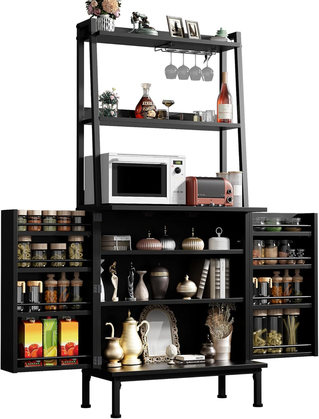 kepptory 58" Kitchen Baker's Rack with Storage, Microwave & Toaster Oven Stand, Freestanding Coffee Bar Station with Wine Glass Holder & Side Storage Shelves, Black