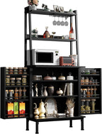 kepptory 58" Kitchen Baker's Rack with Storage, Microwave & Toaster Oven Stand, Freestanding Coffee Bar Station with Wine Glass Holder & Side Storage Shelves, Black