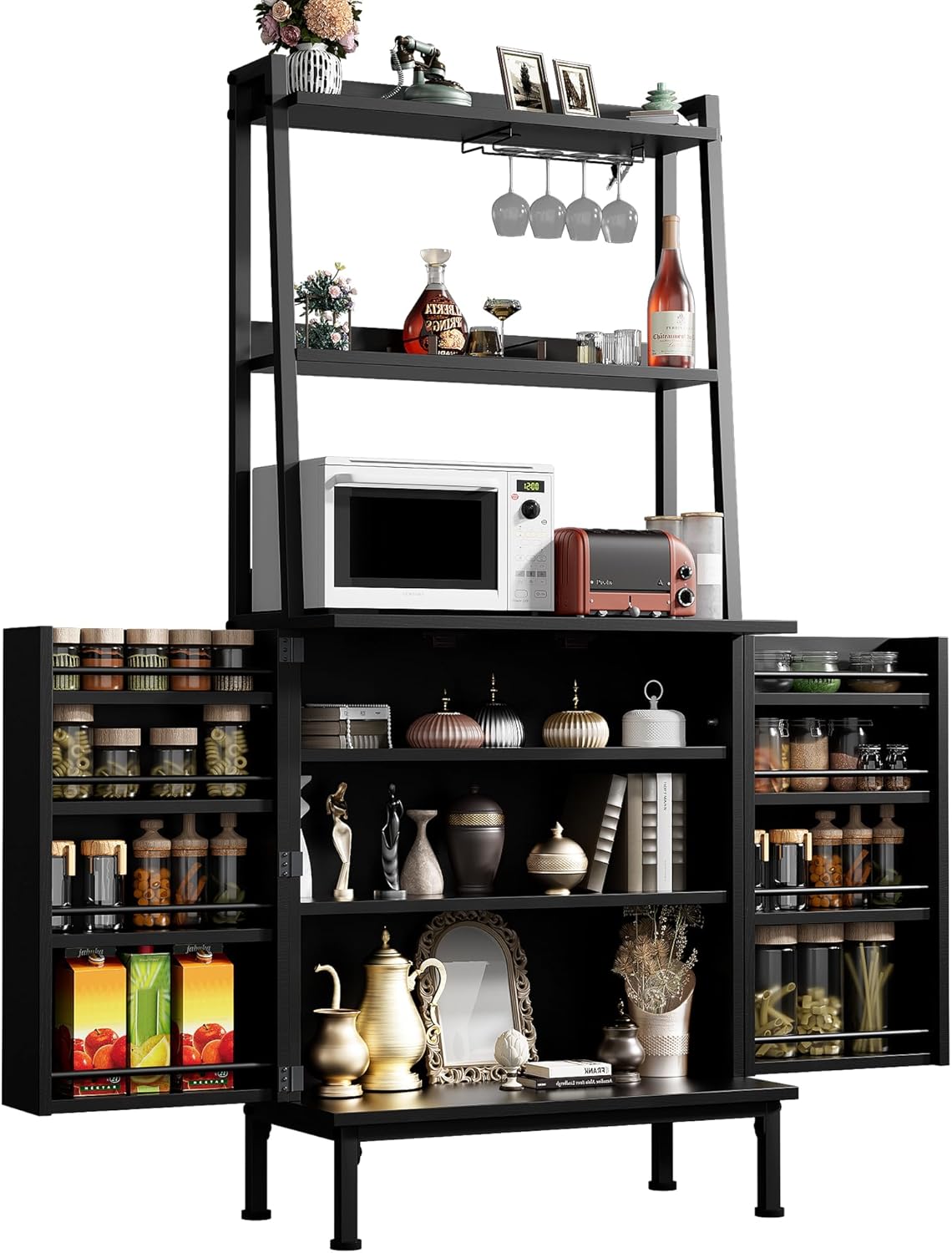 kepptory 58" Kitchen Baker's Rack with Storage, Microwave & Toaster Oven Stand, Freestanding Coffee Bar Station with Wine Glass Holder & Side Storage Shelves, Black