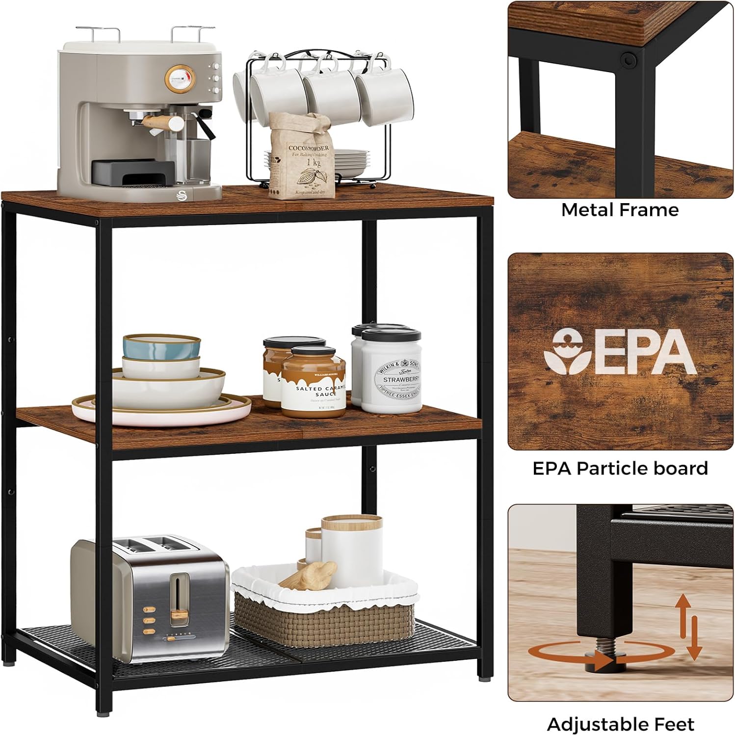 Homleke Kitchen Island with 3 Shelves, Kitchen Shelf with Large Workstation, Bakers Rack, Workbench, Metal Frame, Rustic Brown and Black