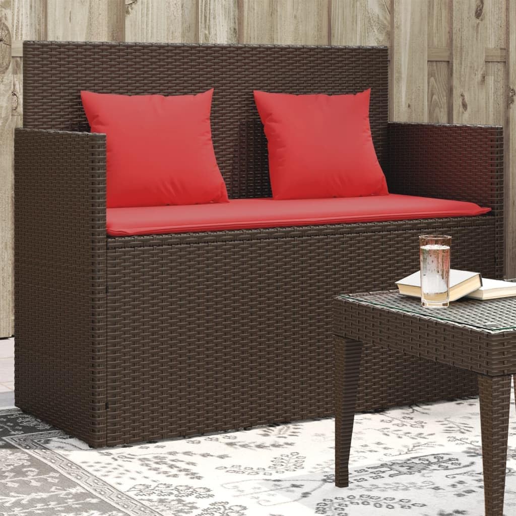 Brown Poly Rattan Outdoor Storage Bench with Cushion, Waterproof Seat Storage Box for Patio, Garden Furniture Organizer