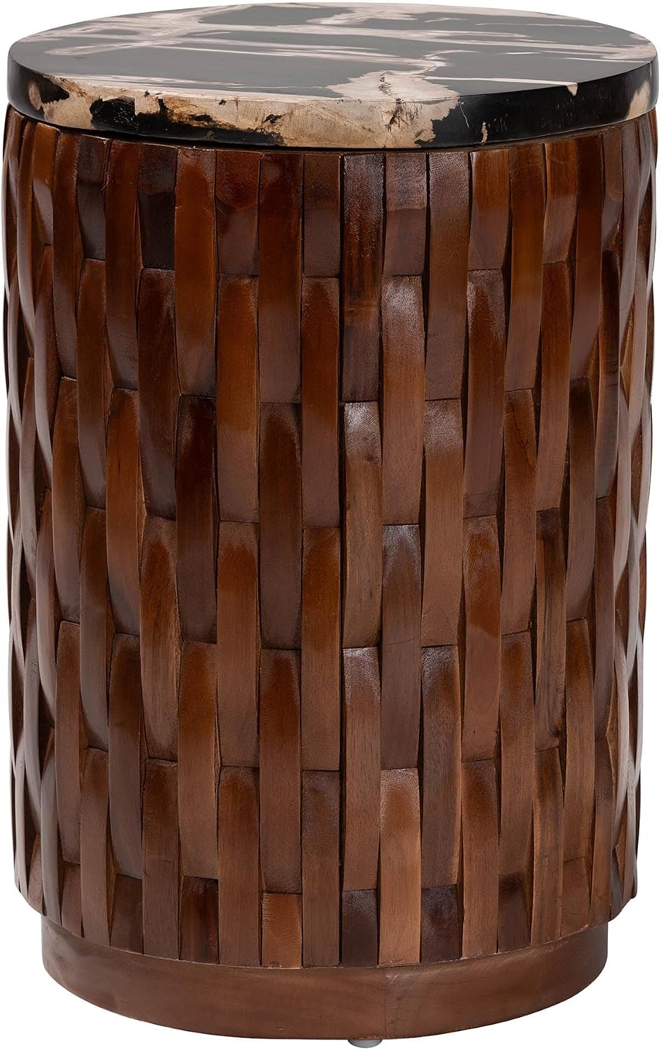 Bali & pari Lavanya End Table with Petrified Wood Top - Drum Accent Side Table with Recycled Teak Wood Frame for Living Room or Entryway