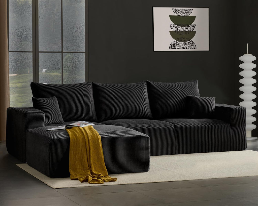 Gericco 113" Modular Sectional Couch, Cloud Boneless Sofa with Deep Seats, Upholstered Corduroy Square Stuffed Ottoman Pouf, 40 * 40 Inch Furry & Fluffy Movable Foot Stool for Living Room, Black