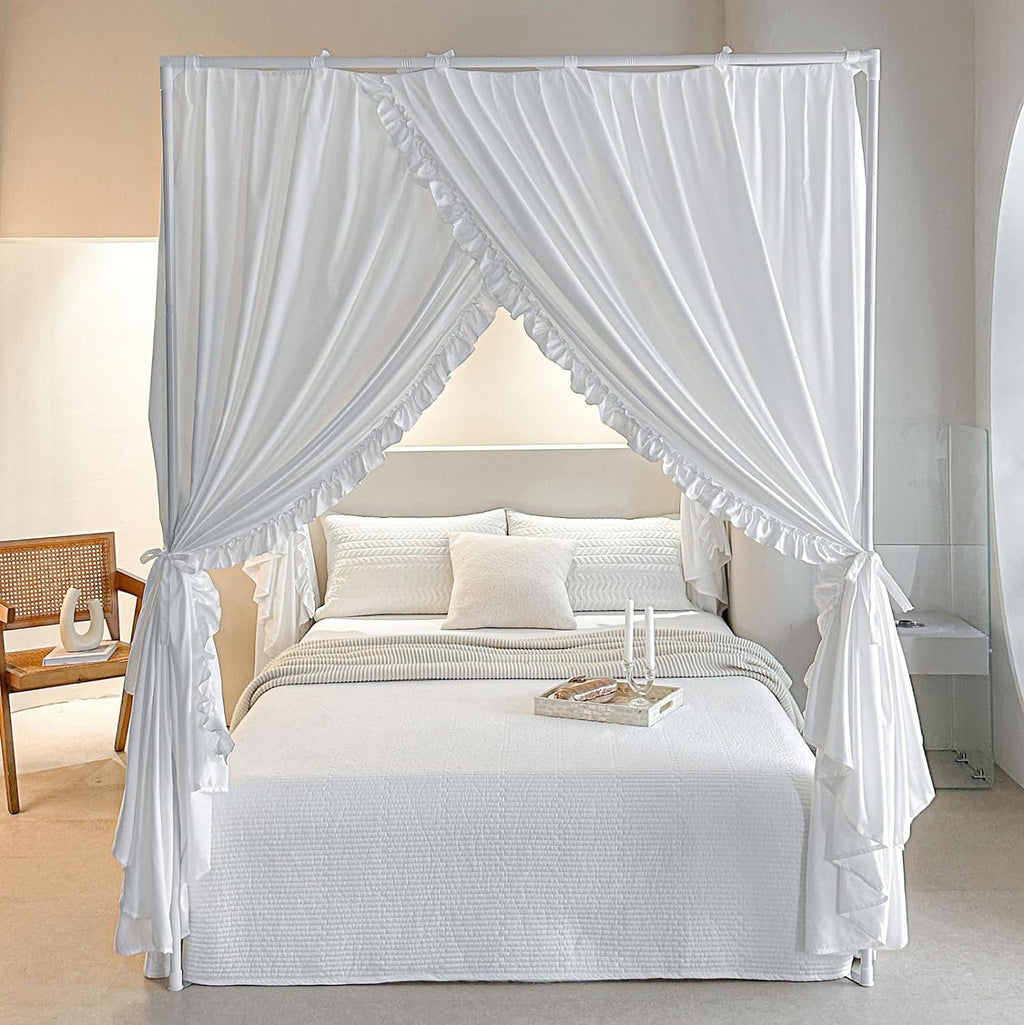 AIKASY Princess Canopy Bed Curtains with Top Ties - Windproof & Lightproof for Girls' Adult Bedroom Decor | Bed Canopy Drapes (Queen,White)