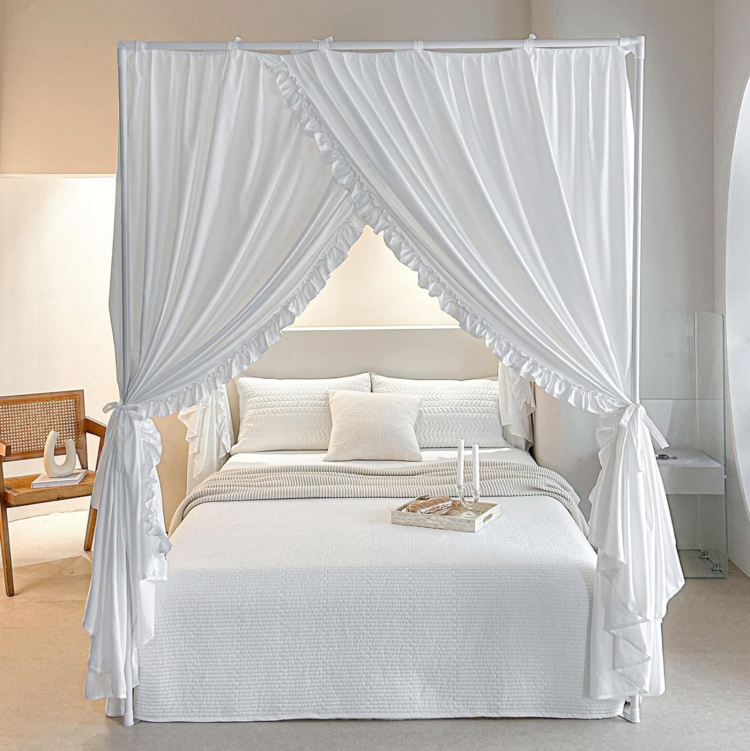 AIKASY Princess Canopy Bed Curtains with Top Ties - Windproof & Lightproof for Girls' Adult Bedroom Decor | Bed Canopy Drapes (Queen,White)