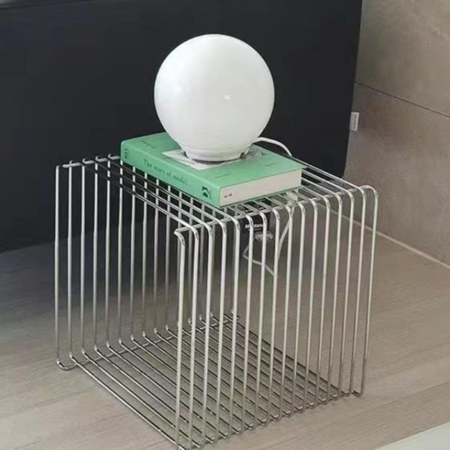 Accent Table Stainless Steel Retro Square Metal Side End Table with Wire Cube Storage, Multi-Purpose Book Stackable, Suitable as Coffee Table for Home & Office (Black,14x14x14 Inch)