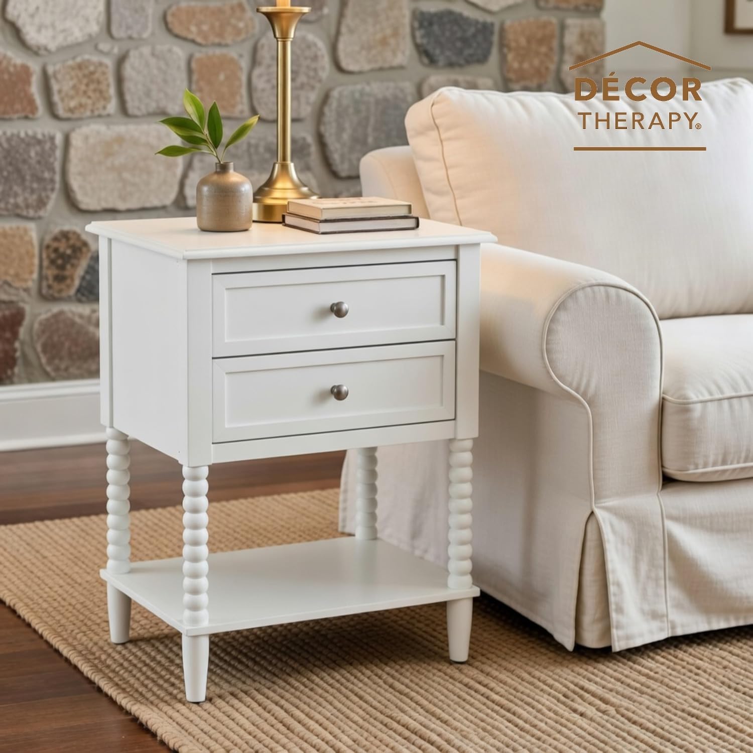 Decor Therapy Preston Two Drawer Side Table, Traditional Side Table with Dual Storage Drawers and Lower Shelf, Classic End Table or Bedside Table for Living Room or Bedroom, White