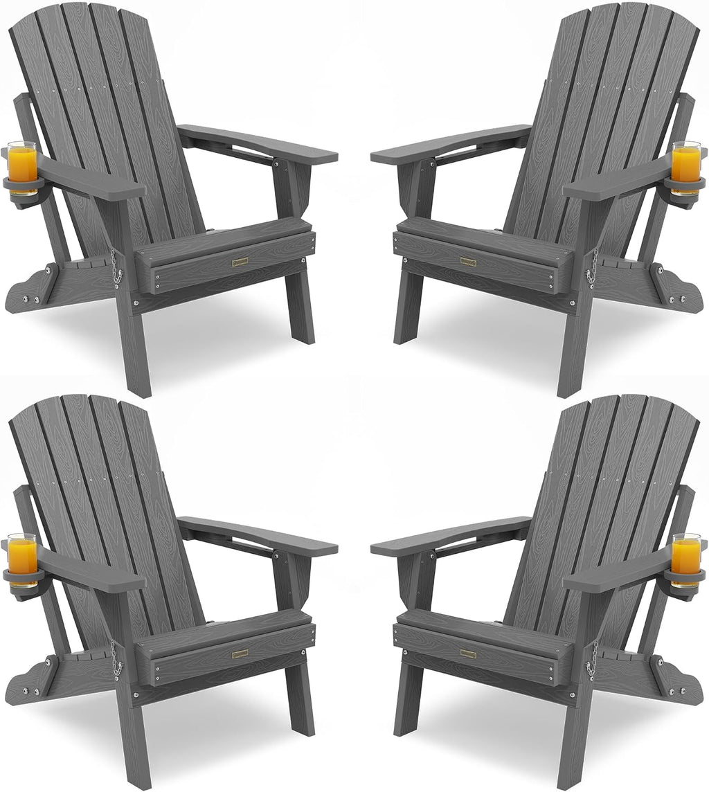 Adirondack Chair with Cup Holder: Adirondack Chairs set of 4 Plastic HDPE Material Furniture - Composite Fire Pit Chairs Foldable for Outdoor/Backyard/Garden/Lawn/Deck/Porch/Patio
