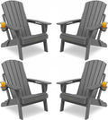 Adirondack Chair with Cup Holder: Adirondack Chairs set of 4 Plastic HDPE Material Furniture - Composite Fire Pit Chairs Foldable for Outdoor/Backyard/Garden/Lawn/Deck/Porch/Patio
