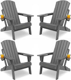 Adirondack Chair with Cup Holder: Adirondack Chairs set of 4 Plastic HDPE Material Furniture - Composite Fire Pit Chairs Foldable for Outdoor/Backyard/Garden/Lawn/Deck/Porch/Patio