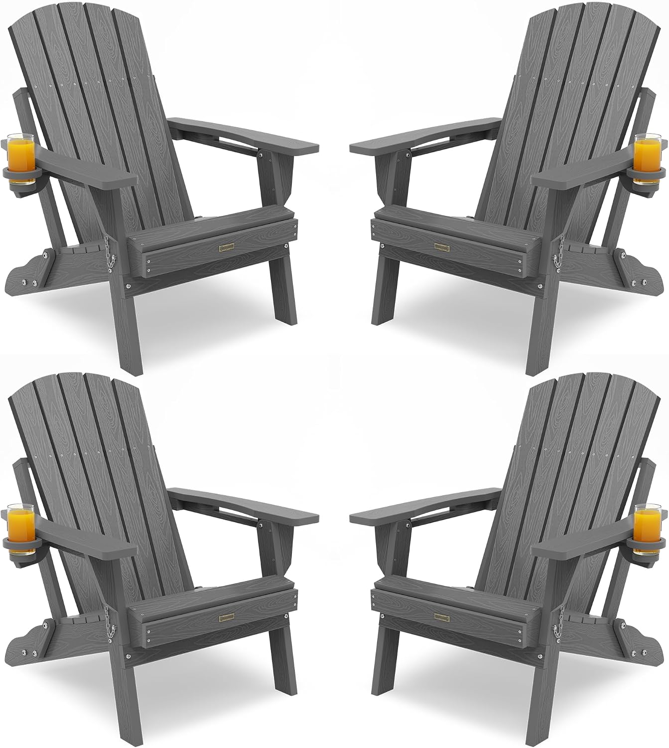 Adirondack Chair with Cup Holder: Adirondack Chairs set of 4 Plastic HDPE Material Furniture - Composite Fire Pit Chairs Foldable for Outdoor/Backyard/Garden/Lawn/Deck/Porch/Patio