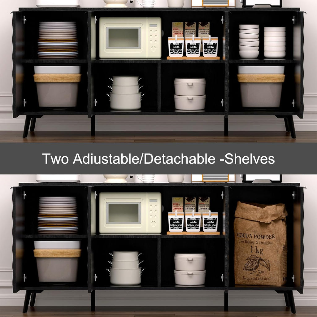 63" Fluted Sideboard Buffet Cabinet with Storage, Diamond Shaped Relief Storage Cabinet with 4 Doors and Adjustable Shelves for Living Room, Entryway, Hallway (Black)