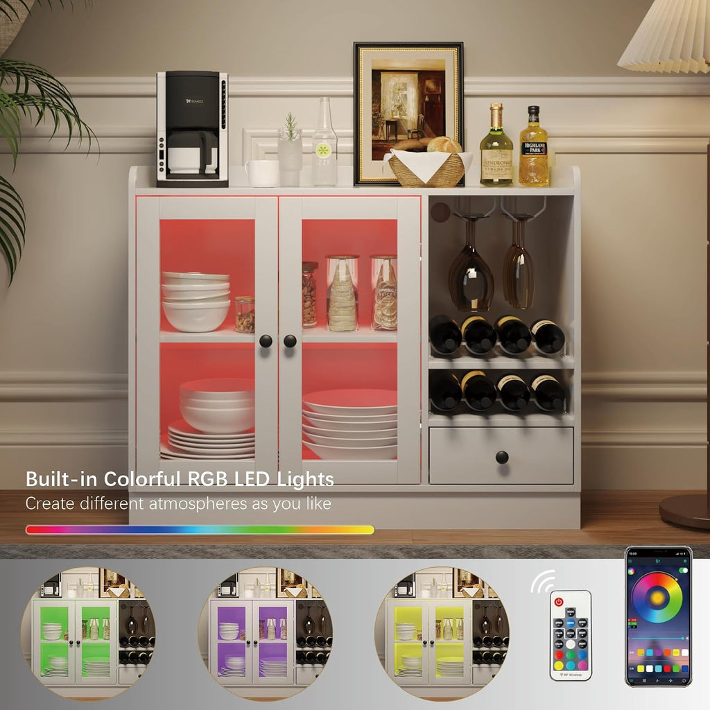 HedoAjim Wine Bar Cabinet with Tempered Acrylic Door & Rack, Freestanding Buffet Sideboard with Glass Holder, Coffee Bar Cabinet for Home Kitchen Living Dining Room, Drawers, Large, LED Lights(White)