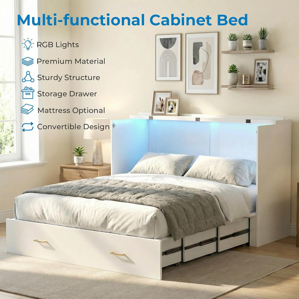 Mjkone Queen Size Murphy Cabinet Bed with RGB LED Lights, High Gloss MDF Murphy Beds with Tri-Folding Mattress Included, Convertible Chest Cabinet Bed with Storage Drawers for Small Spaces, White