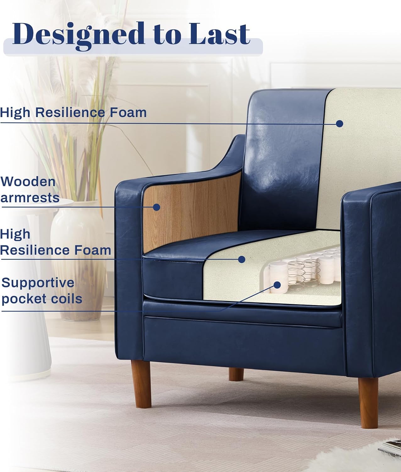 Accent Chair, Living Room Chairs, Faux Leather Reading Armchair, Mid Century with Solid Wood Foot, Upholstered Modern Decor for Bedroom, Apartment