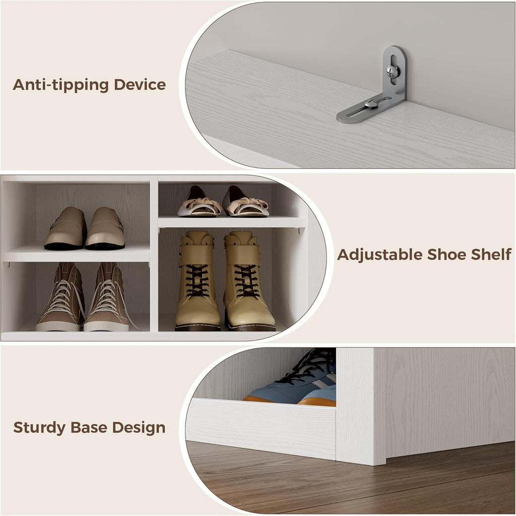 IRONCK Hall Tree with Bench and Shoe Storage, 6-in-1 Entryway Bench with Coat Rack, Adjustable Shelf, Hanging Hooks, 6 Shoe Cubbies, 2-Tier Top Storage, for Entryway, Bedroom, Living Room, White